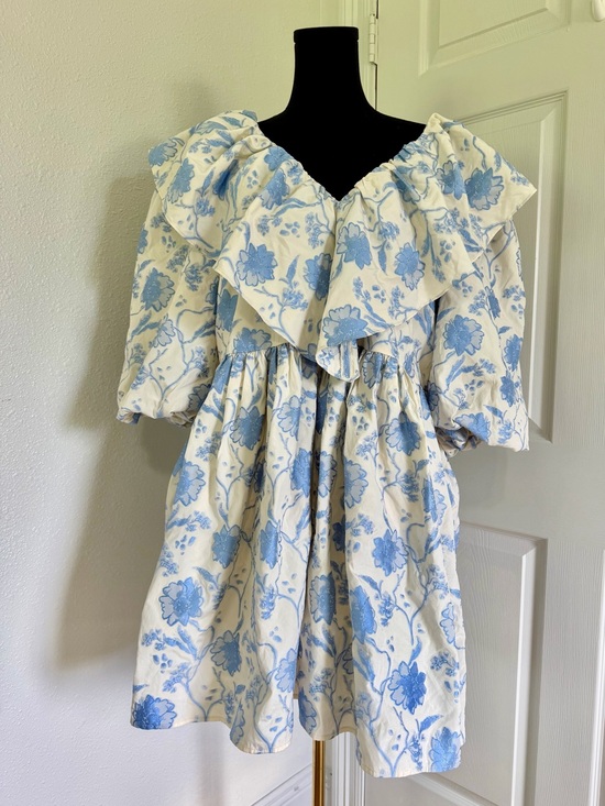 ASOS Dresses & Skirts - ASOS Edition Blue Floral Jacquard Babydoll Mini Dress Puff Sleeve Ruffle US 12